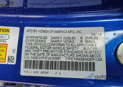 2018 Honda Accord Sport from USA, damaged, VIN 1HGCV1F37JA193847